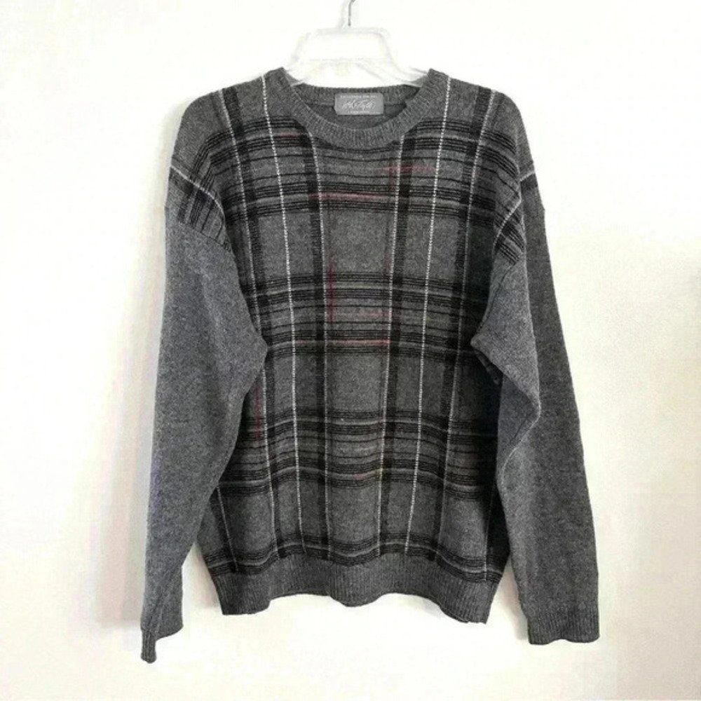 Lord & Taylor Men's Plaid Gray Sweater 100% Pure New Lambswool‎ Size Large